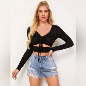 SHEIN Drawstring Front Ruched Cut Out Long Sleeve Crop Top